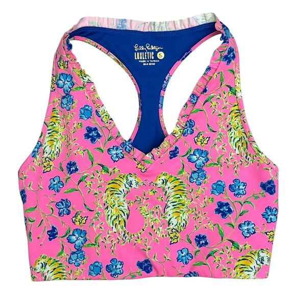 Lilly Pulitzer Tiger Floral Halter Sports Bra Crop Top Pink Sz Small Resortcore - Picture 2 of 6